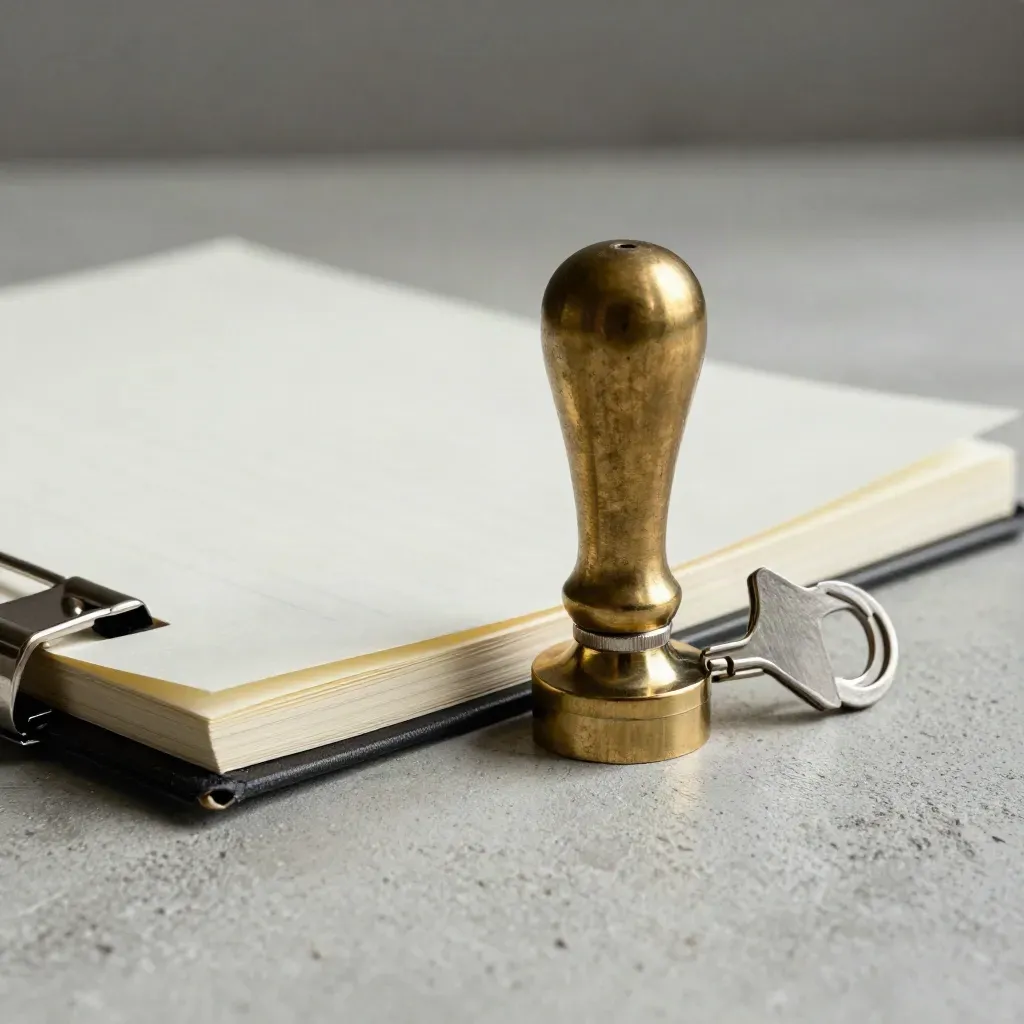 Brass seal press, ledger bundle, and silver clips on pale concrete