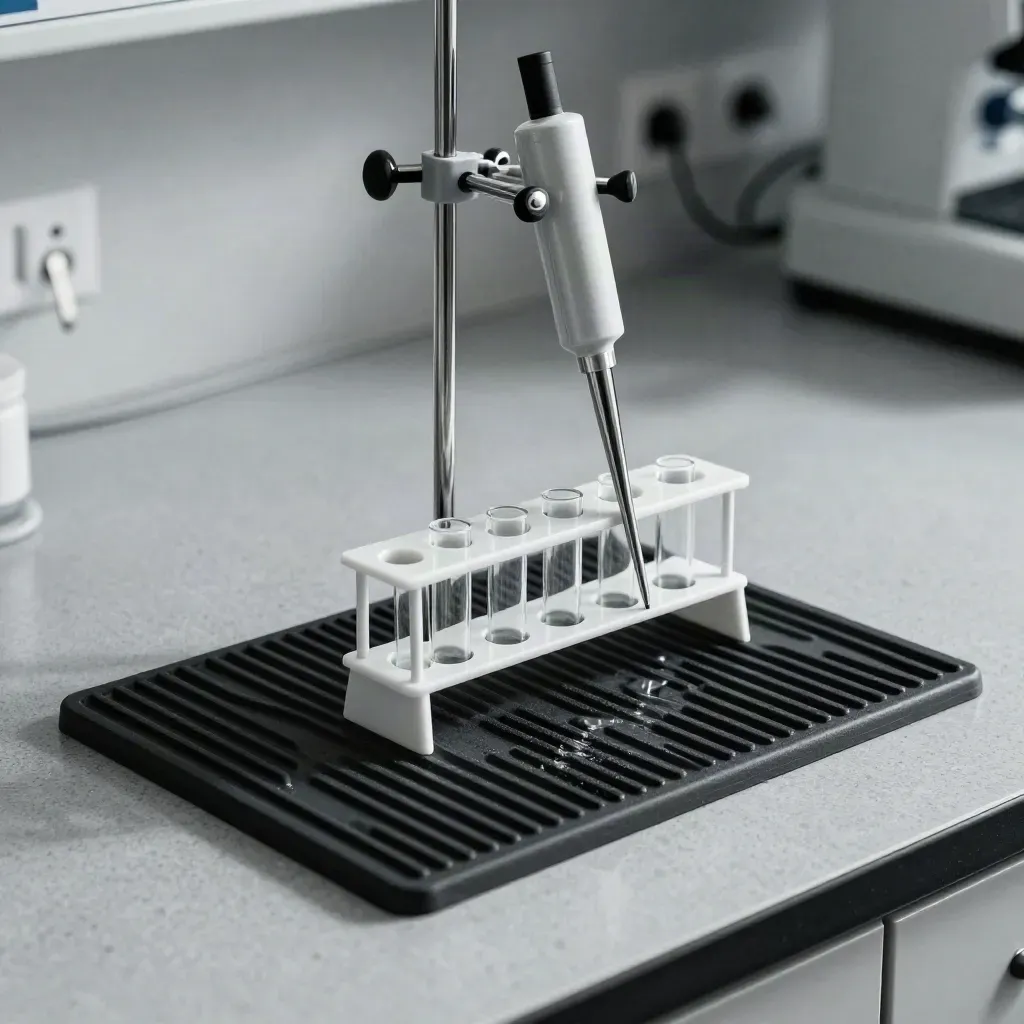 Stainless pipette stand and glass cuvette rack on a rubber lab mat in dramatic studio light.