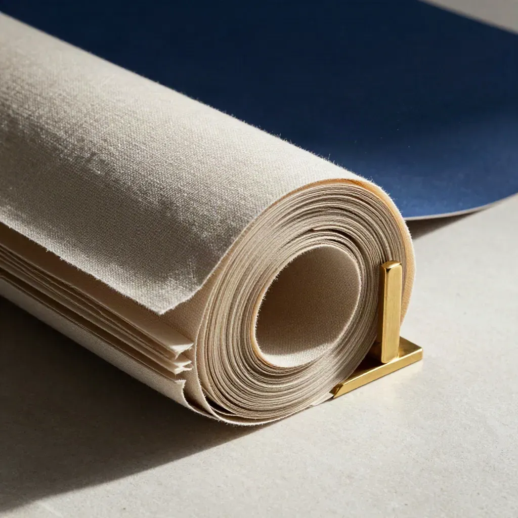 Overhead still life of linen bookcloth rolls, deckle-edge paper, and a brass bookend on pale stone.