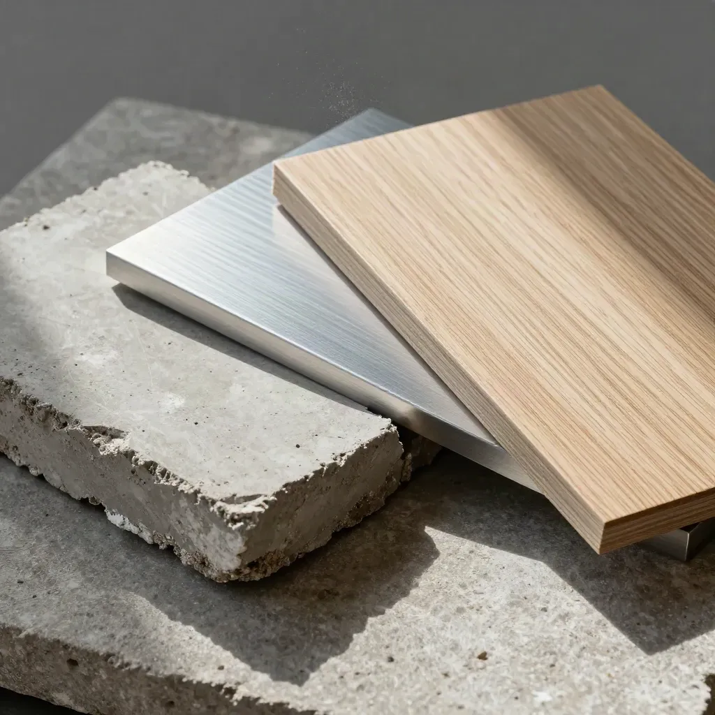 Top-down still life of concrete, aluminum and oak samples on brushed stone