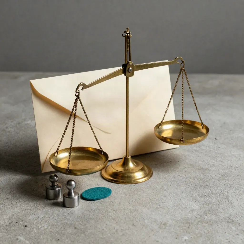 Brass balance scale, two weights, and a blank envelope on concrete with a teal accent