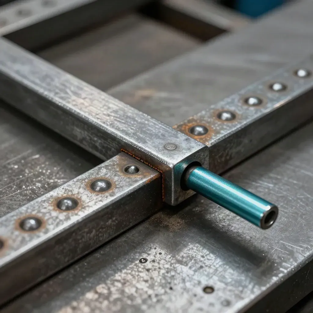 Macro of forged steel bar, riveted plate and teal spacer on brushed metal.