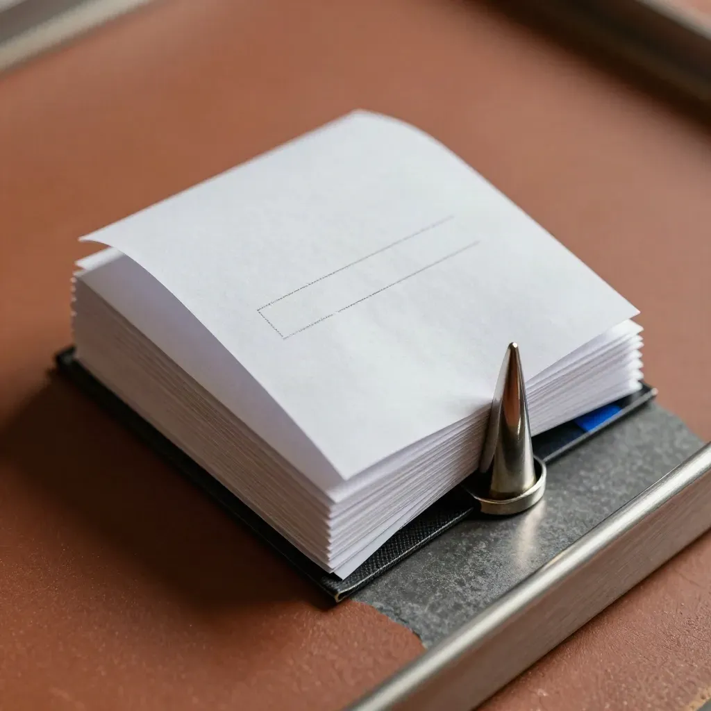 Macro of a receipt spike with folded slips, steel clip and carbon-paper edge on terracotta stone.