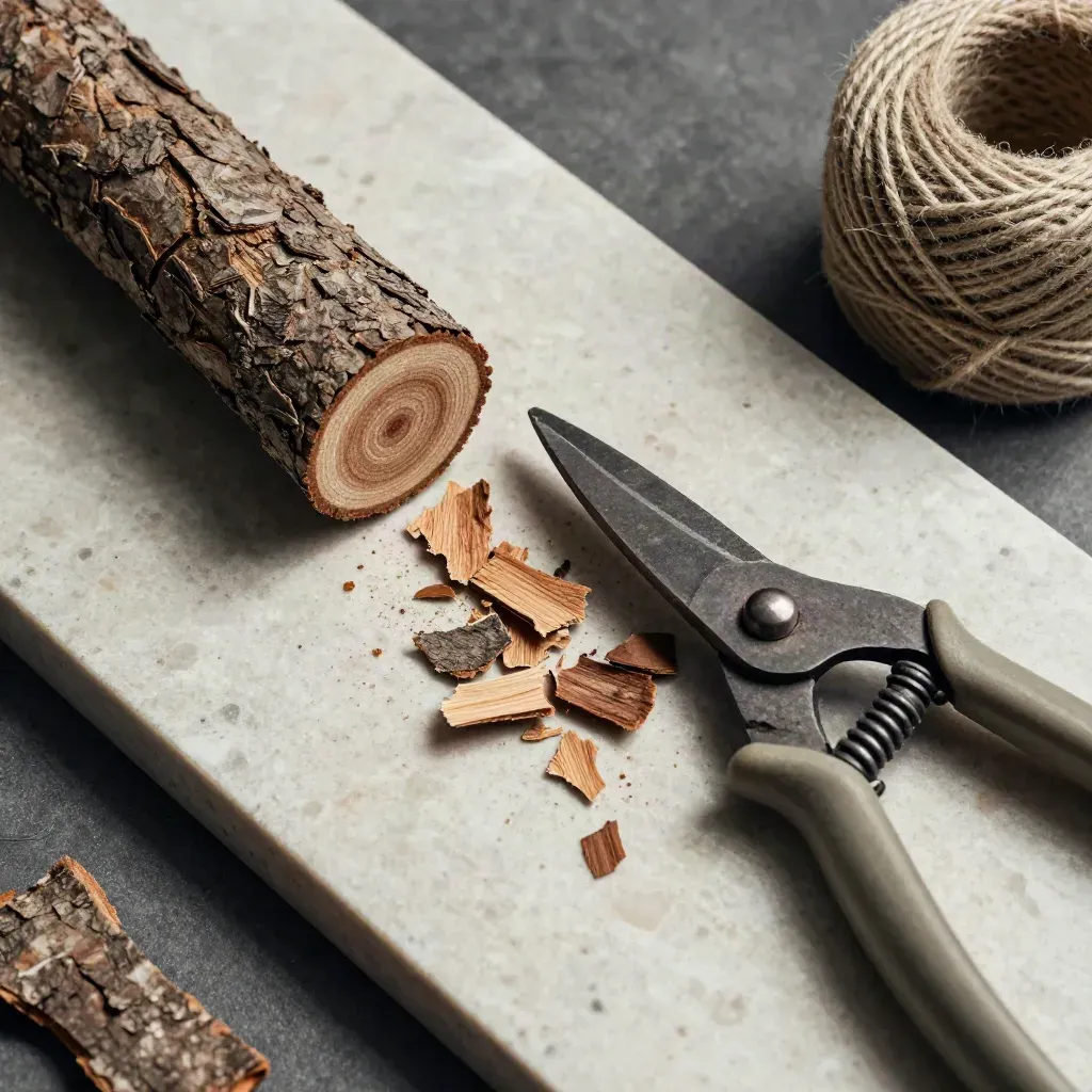 Forest core sample, pruning shears, bark chips and twine on travertine in soft daylight