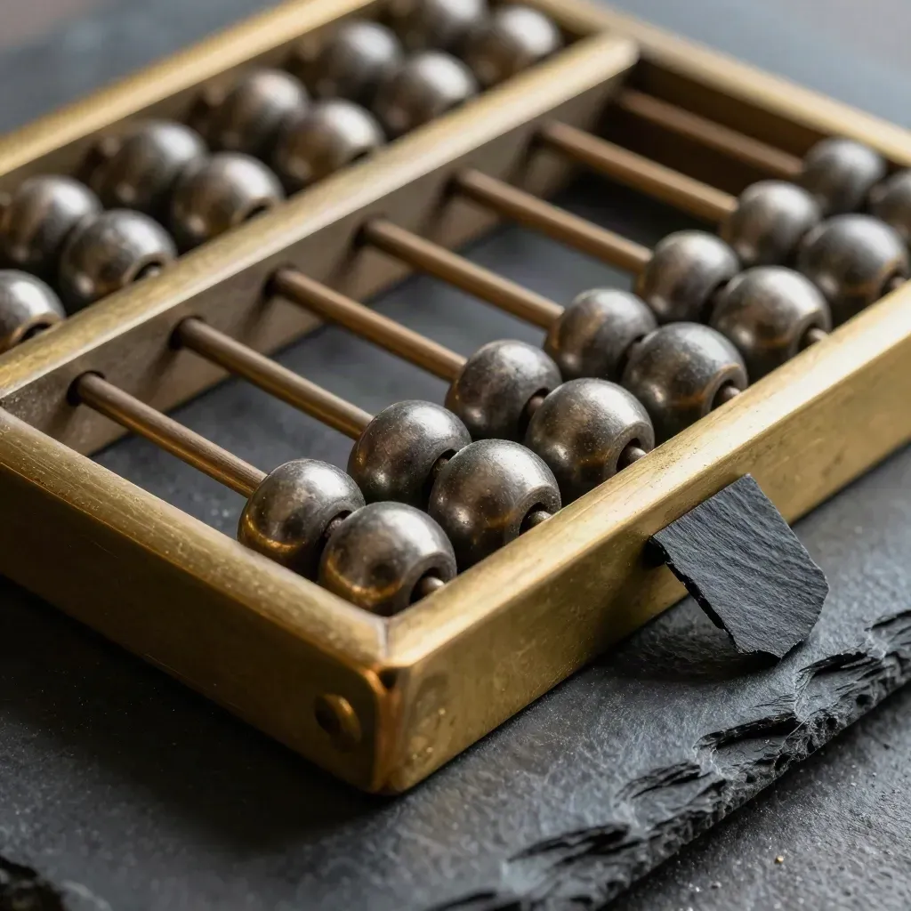 Macro brass abacus with silver beads and a slate chip on dark stone.