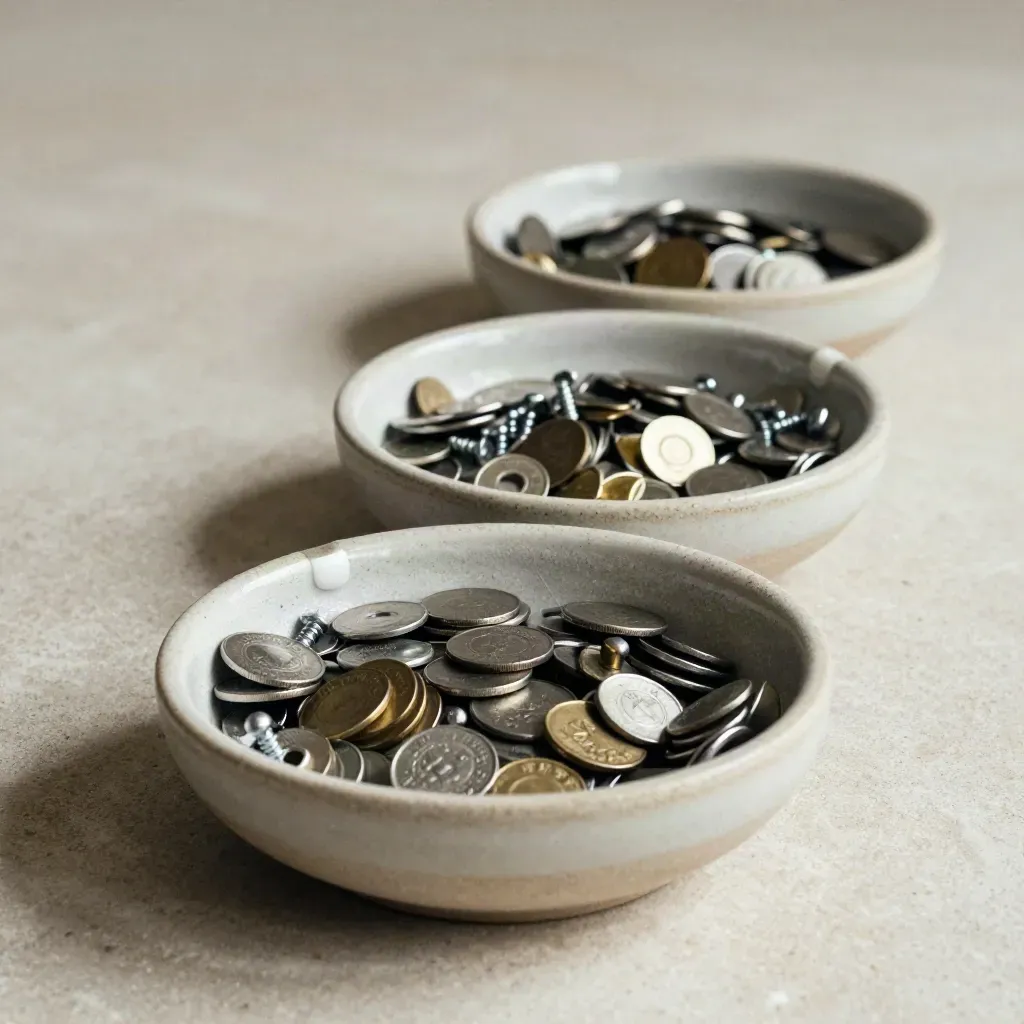 Three ceramic sorting bowls with metal tokens and fasteners on pale stone dust, close macro.
