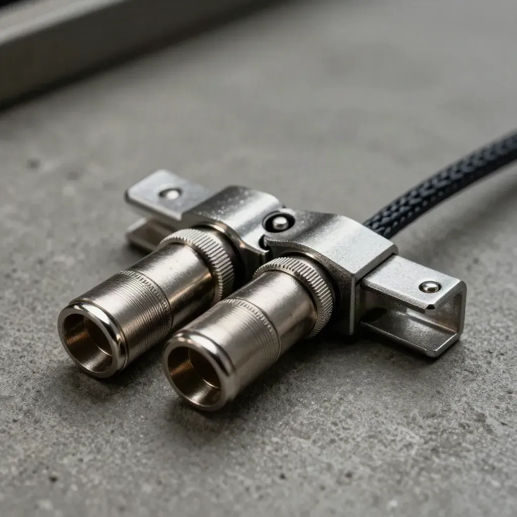 Brushed-metal cable couplers and a dock clip linked by black braid on graphite concrete