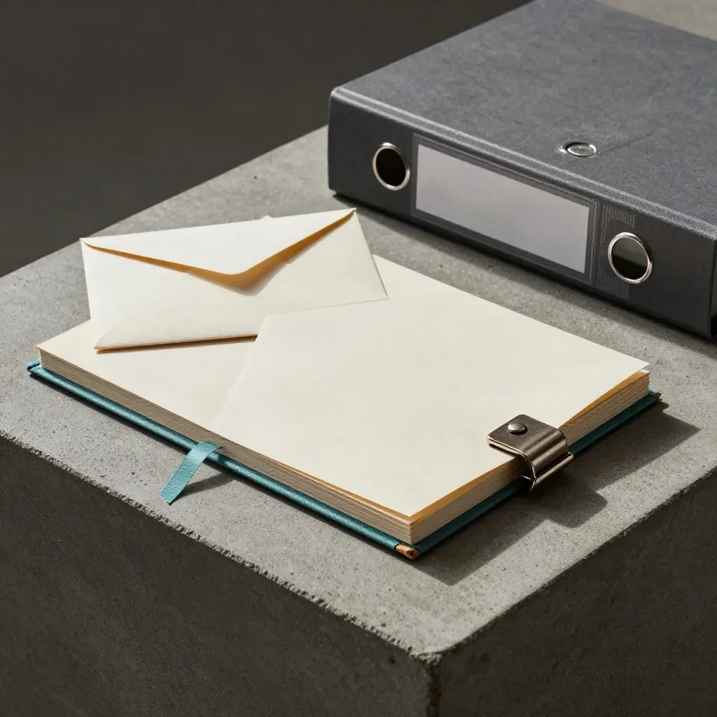 Clasped ledger bundle and file box on concrete, with two sealed envelopes.