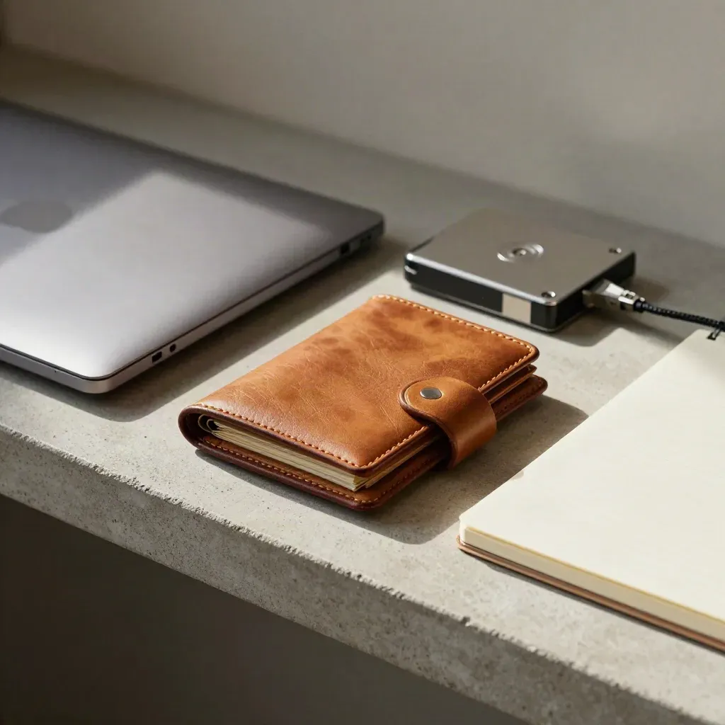Closed laptop, receipt wallet, hard drive and notepad behind frosted glass.