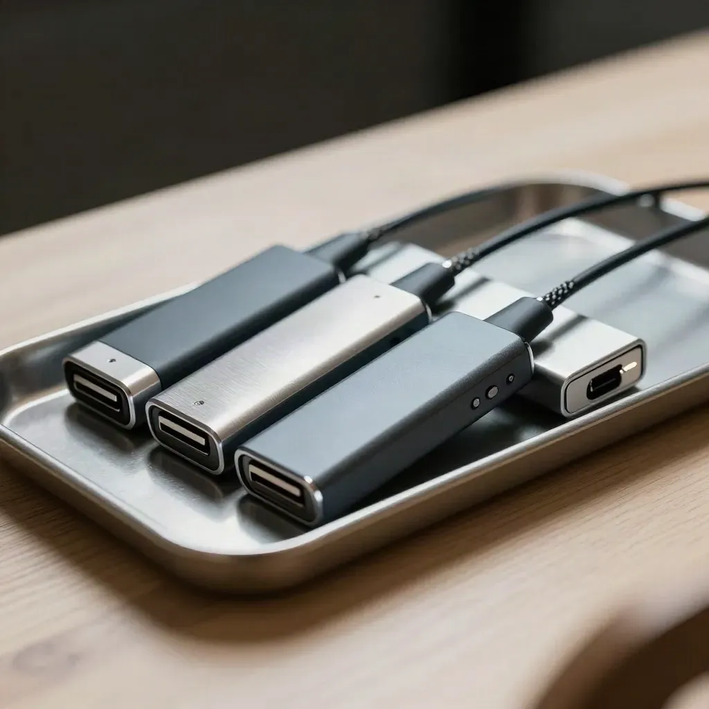 Three card readers in a metal tray with charging docks on pale wood, dramatic studio light.