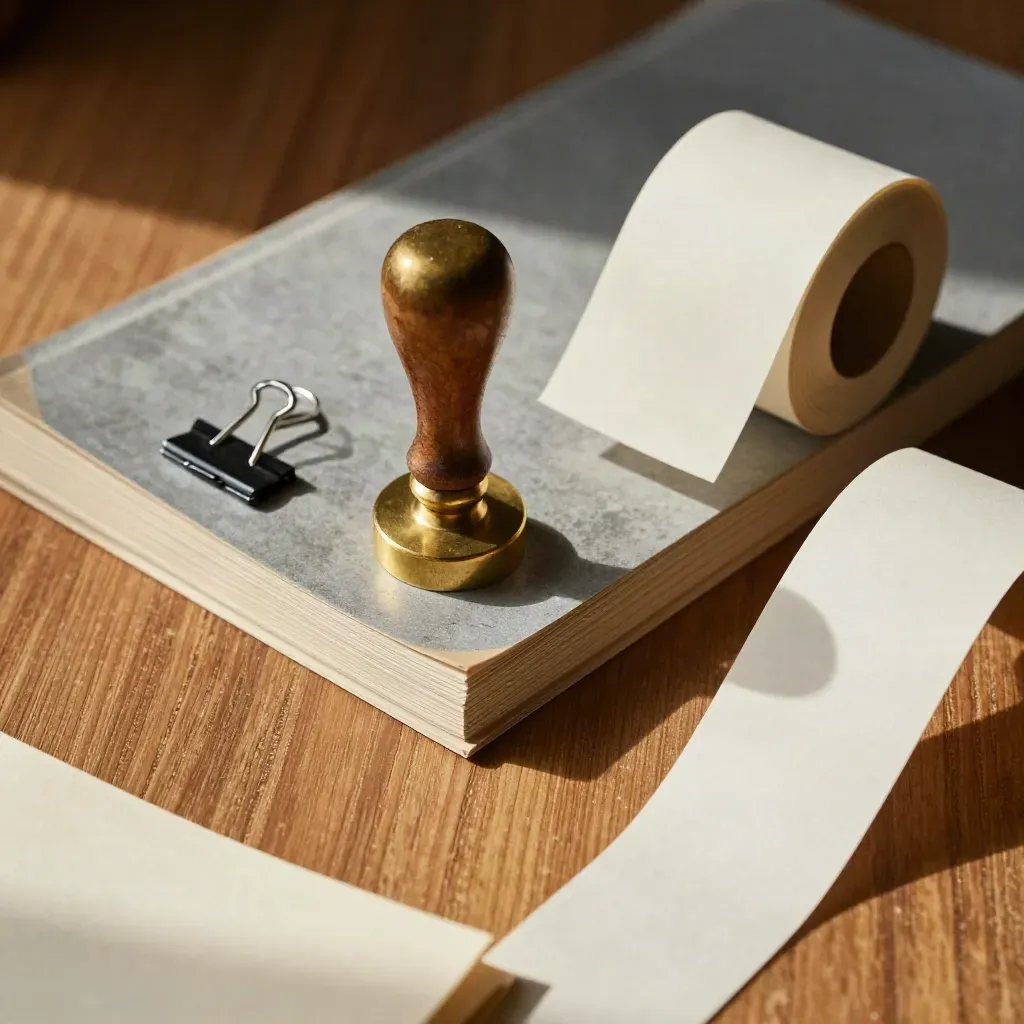 Brass seal stamp, ledger clips, and receipt rolls on warm oak in a bookkeeper archive.