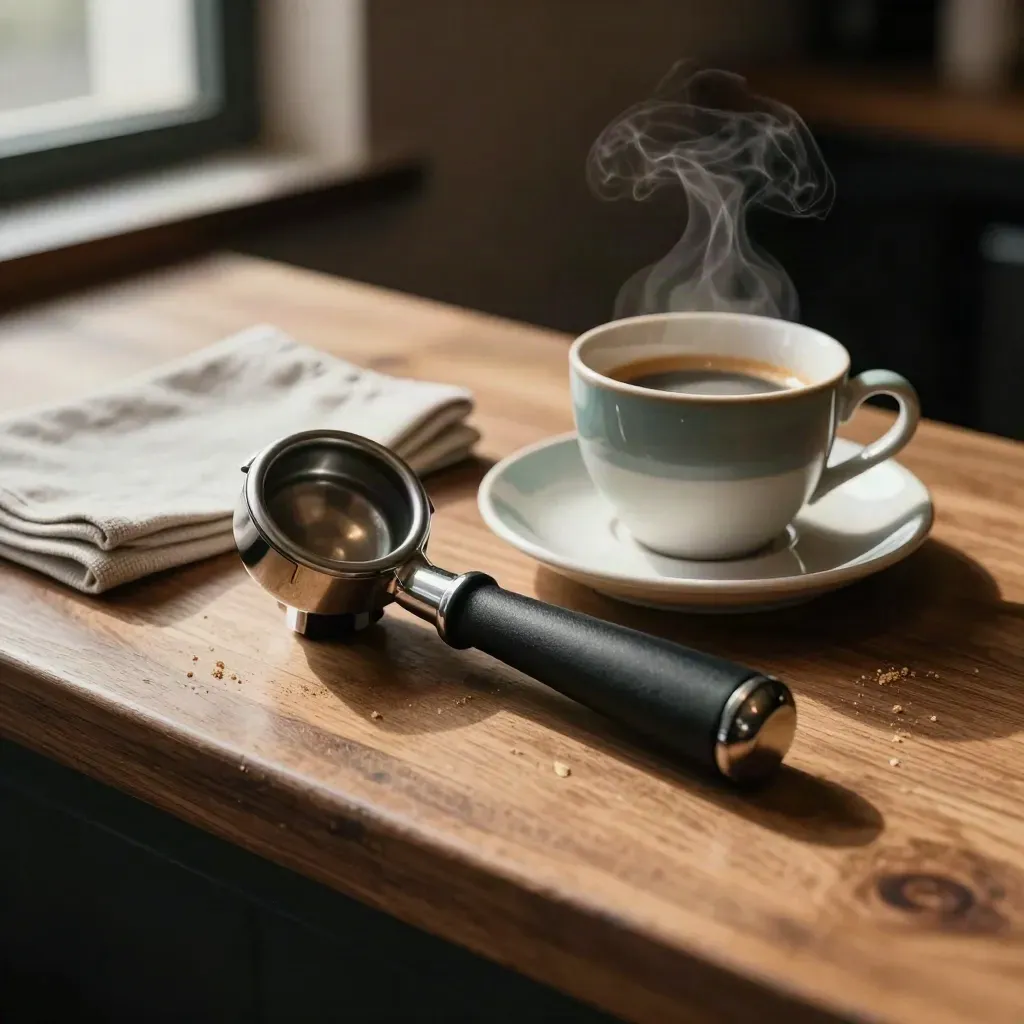 Steam rising beside an espresso tamper, napkins, and a demitasse on a walnut counter