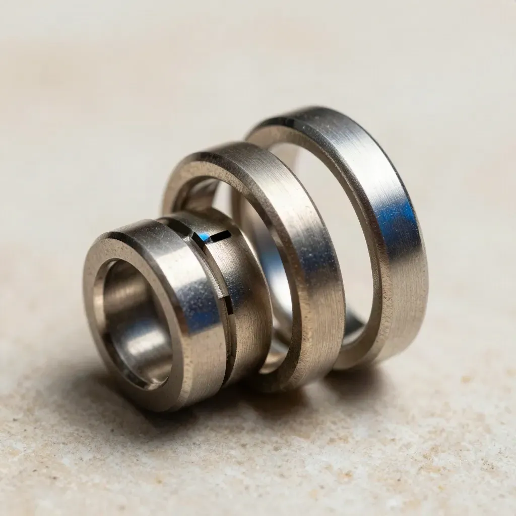 Brushed metal rings and connector block on pale stone, viewed from above