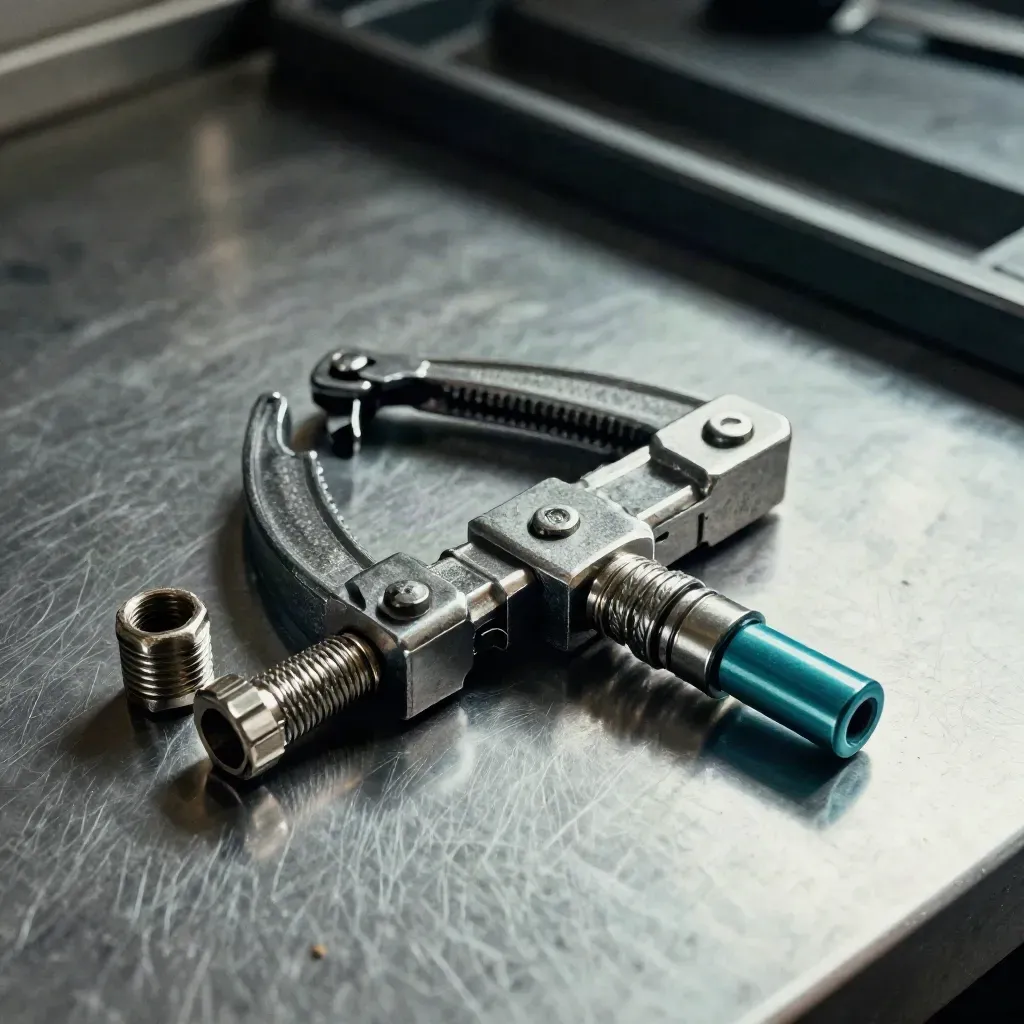 Metal bridge connector clamped on brushed steel with a teal accent and soft shadow.