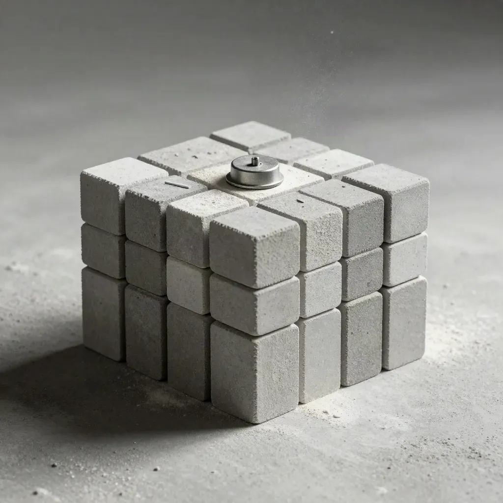 Grey modular blocks, a magnetic puck, and a pin on concrete in soft daylight.