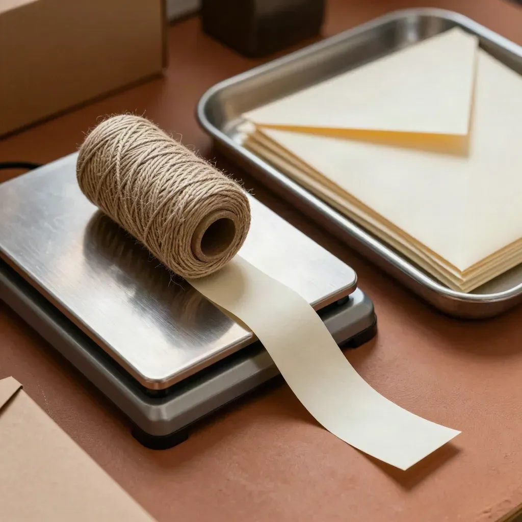 Top-down still life of parcel scale, twine spool, envelope bands, and sorting tray on terracotta.